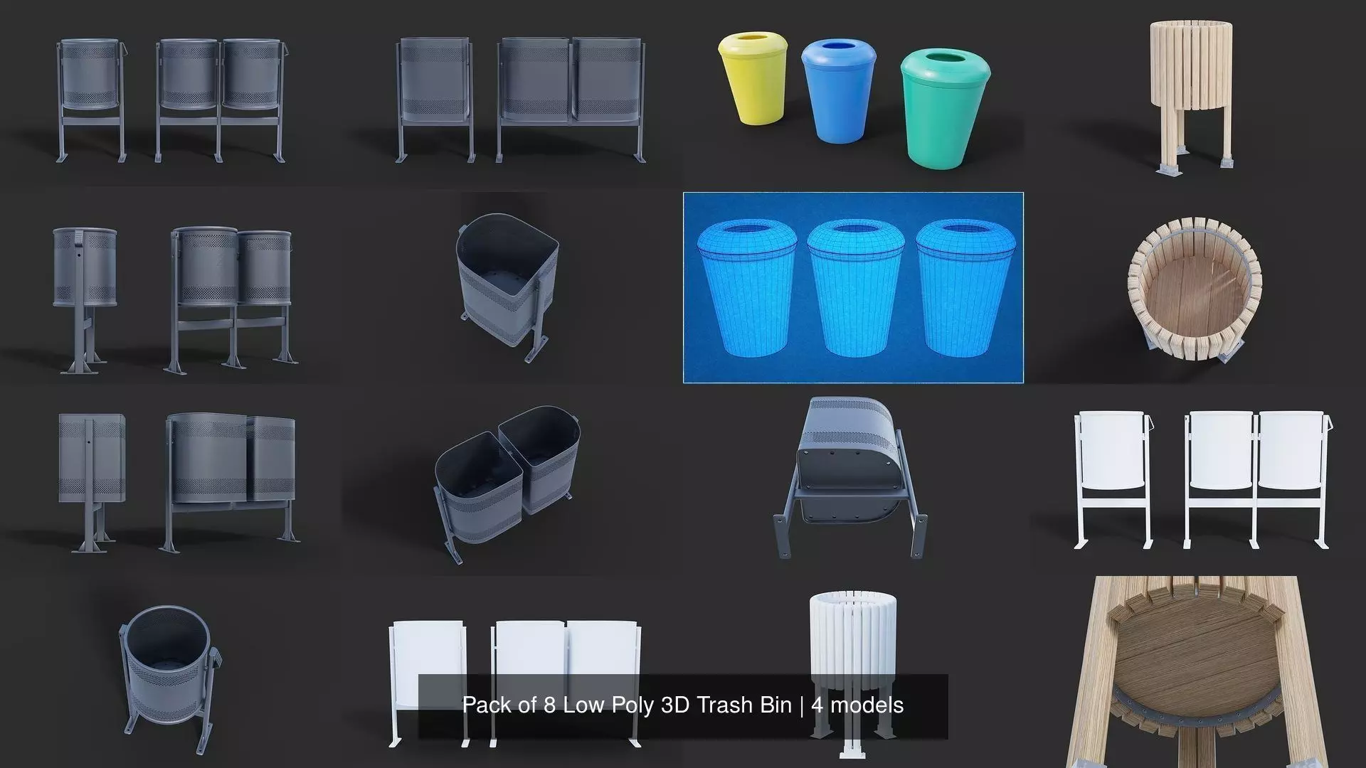 Pack of 8 Low Poly 3D Trash Bin 3D Model Collection_1