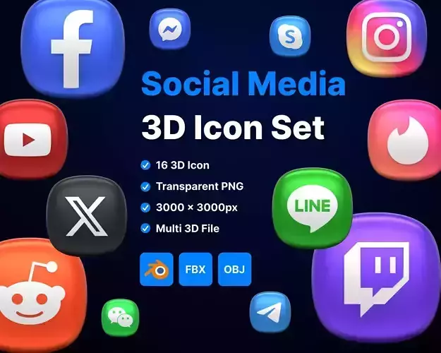 Social Media 3D icon Set UX UI Web Design Elements 3d rendering 