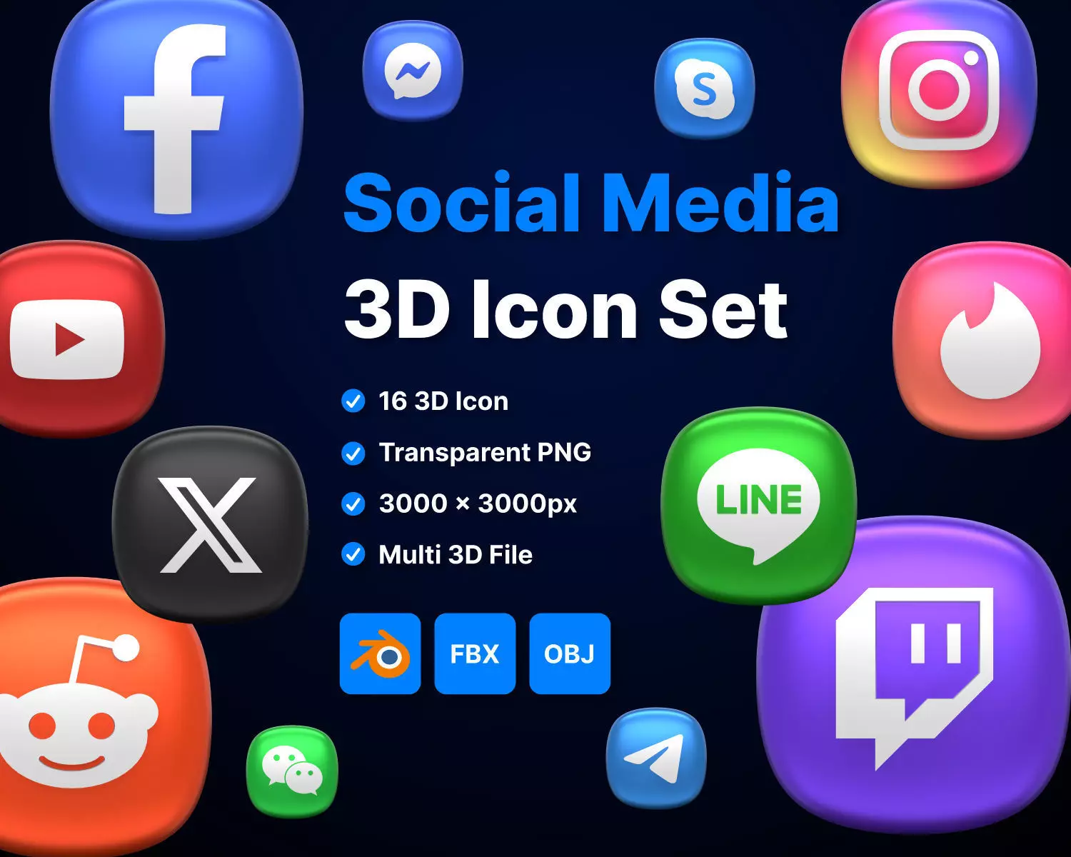 Social Media 3D icon Set UX UI Web Design Elements 3d rendering  3D model_0