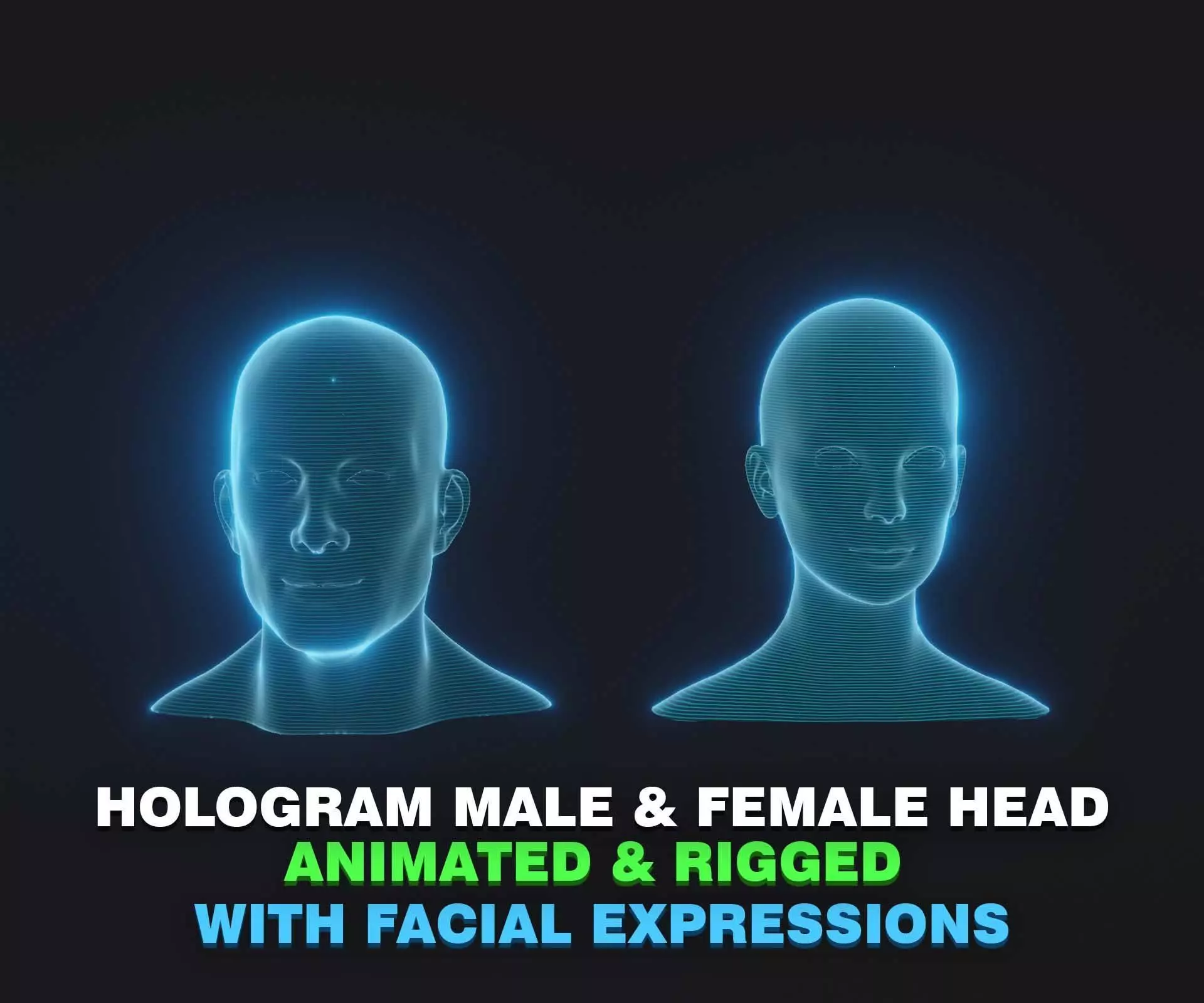 Hologram Male Female Head 3D Model Animated Facial Expressions 3D Model Collection_0