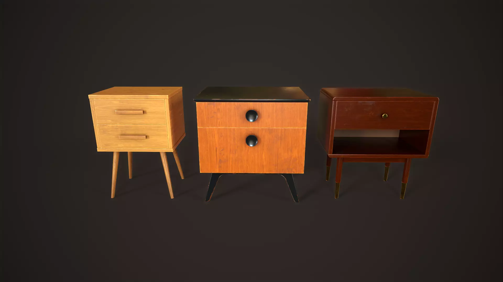 Three retro nightstands Low-poly 3D model_0