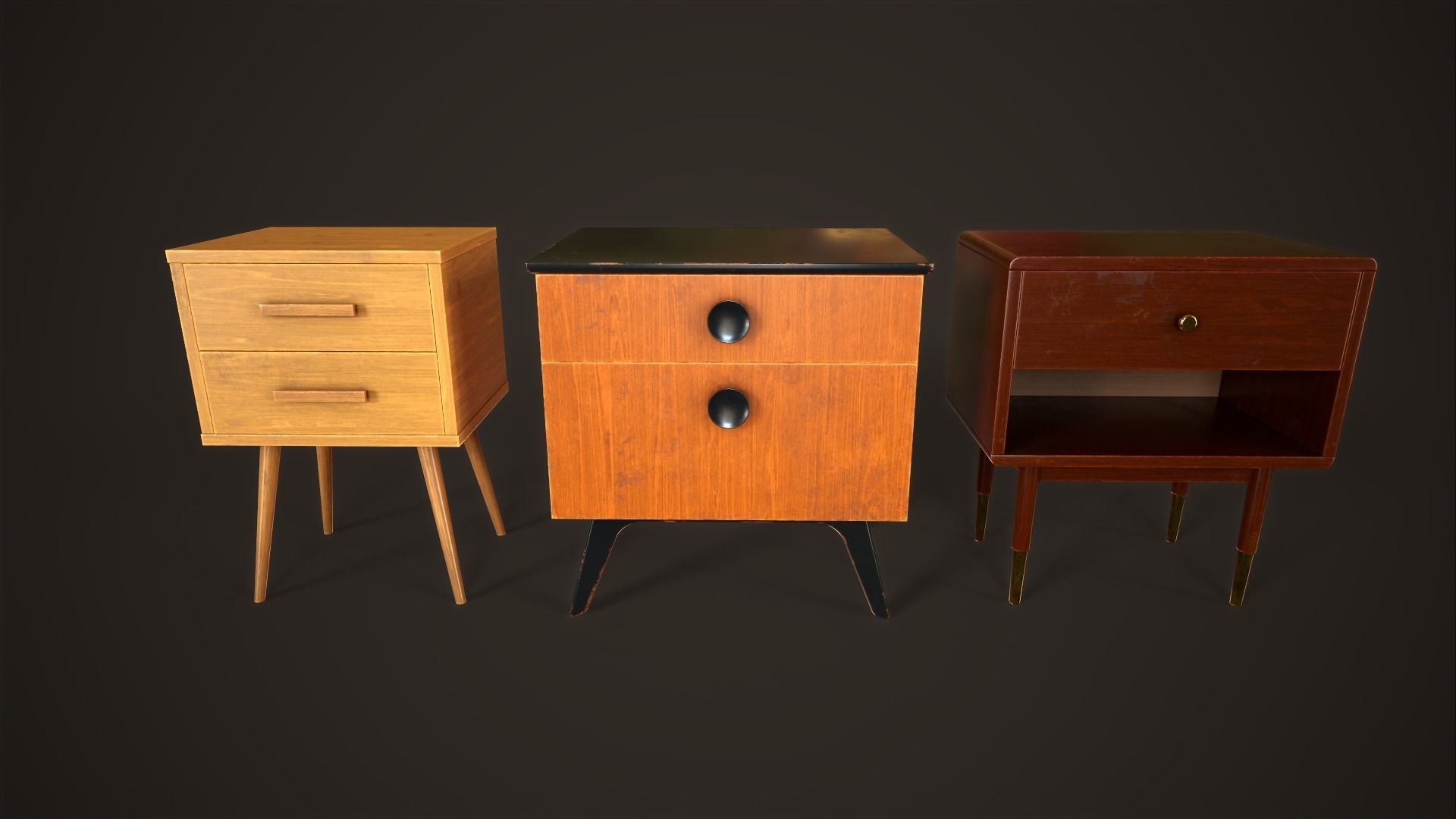 Three retro nightstands Low-poly 3D model_1