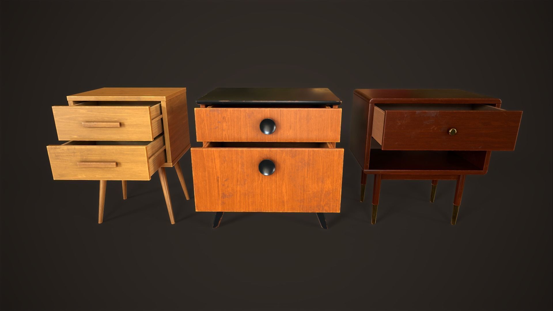 Three retro nightstands Low-poly 3D model_2