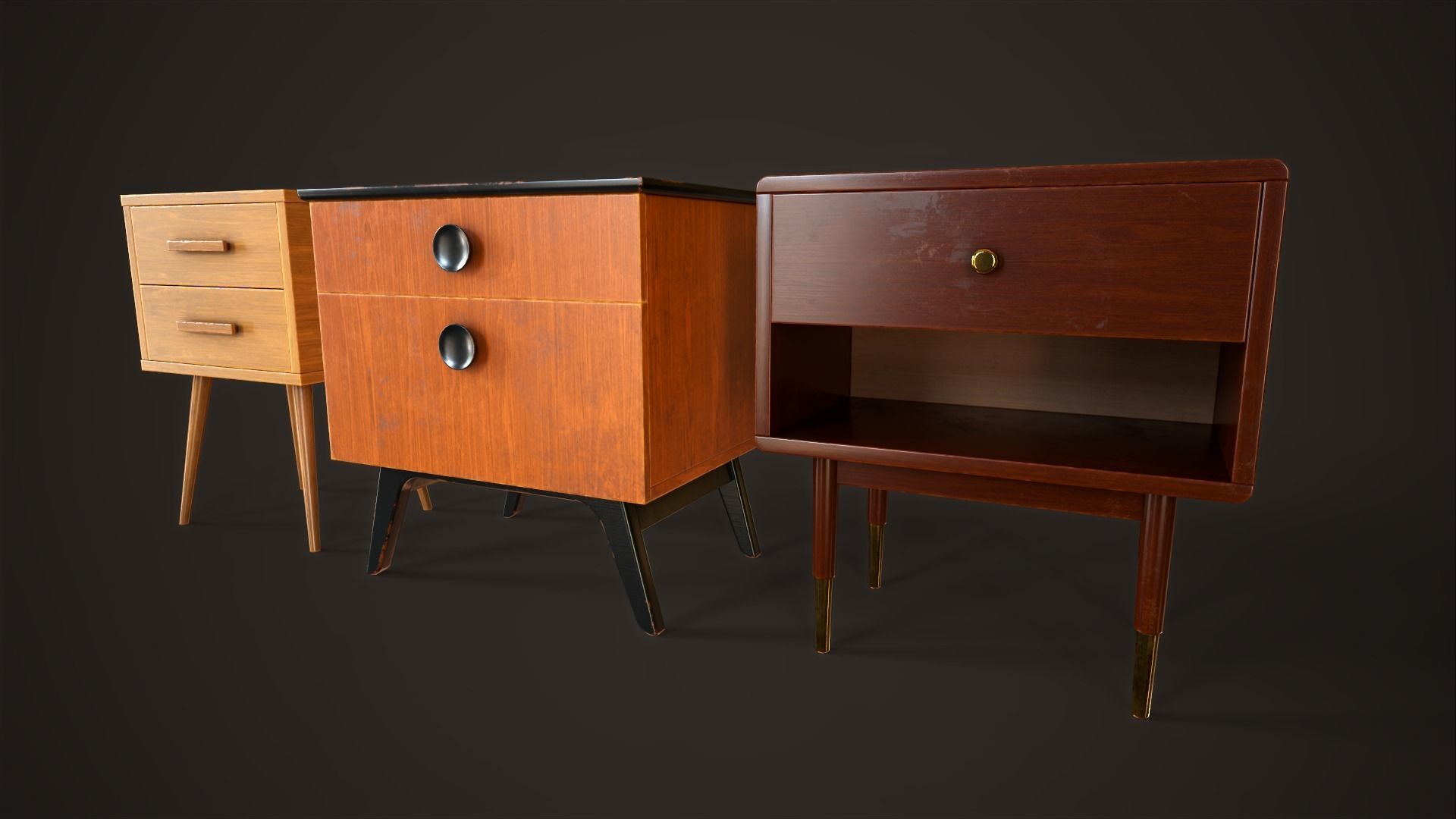 Three retro nightstands Low-poly 3D model_3