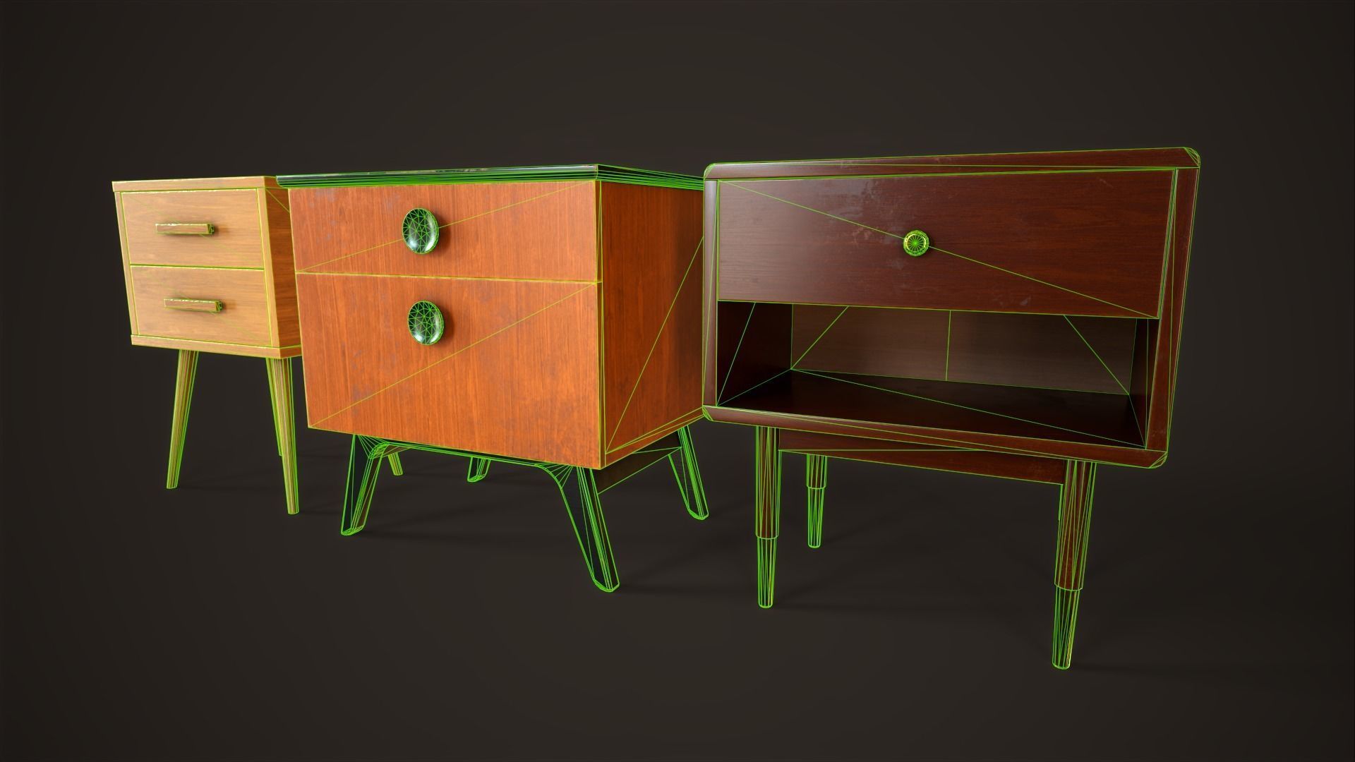 Three retro nightstands Low-poly 3D model_4