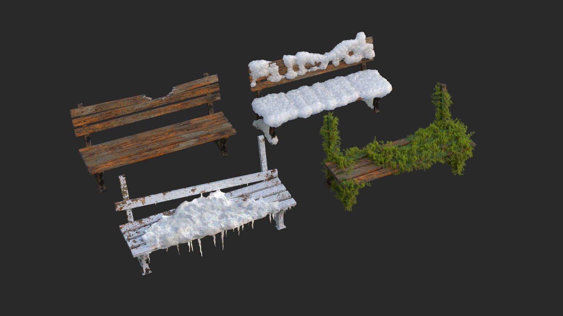 Abandoned Bench Pack Low-poly 3D model_2