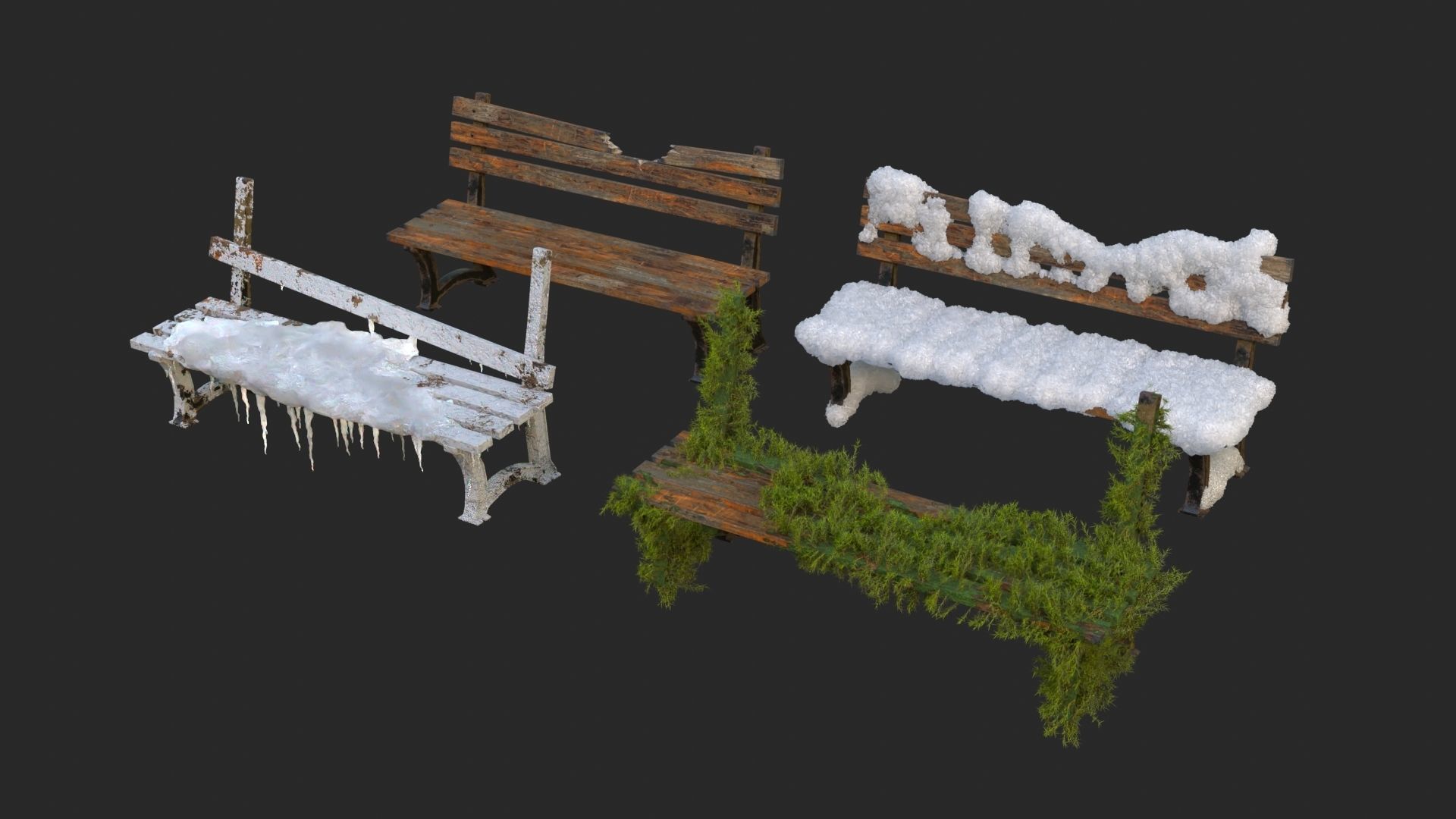 Abandoned Bench Pack Low-poly 3D model_1