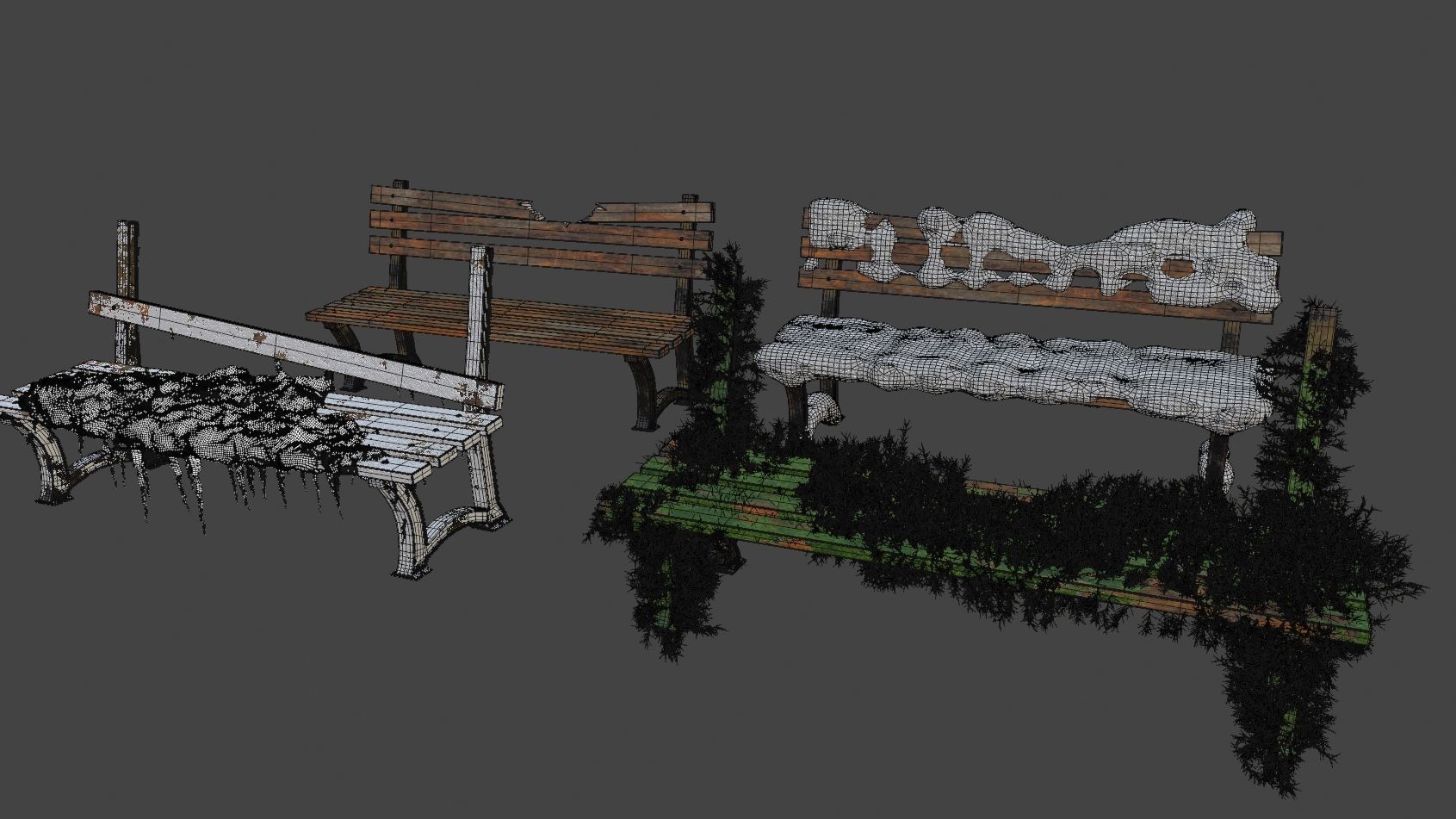 Abandoned Bench Pack Low-poly 3D model_3