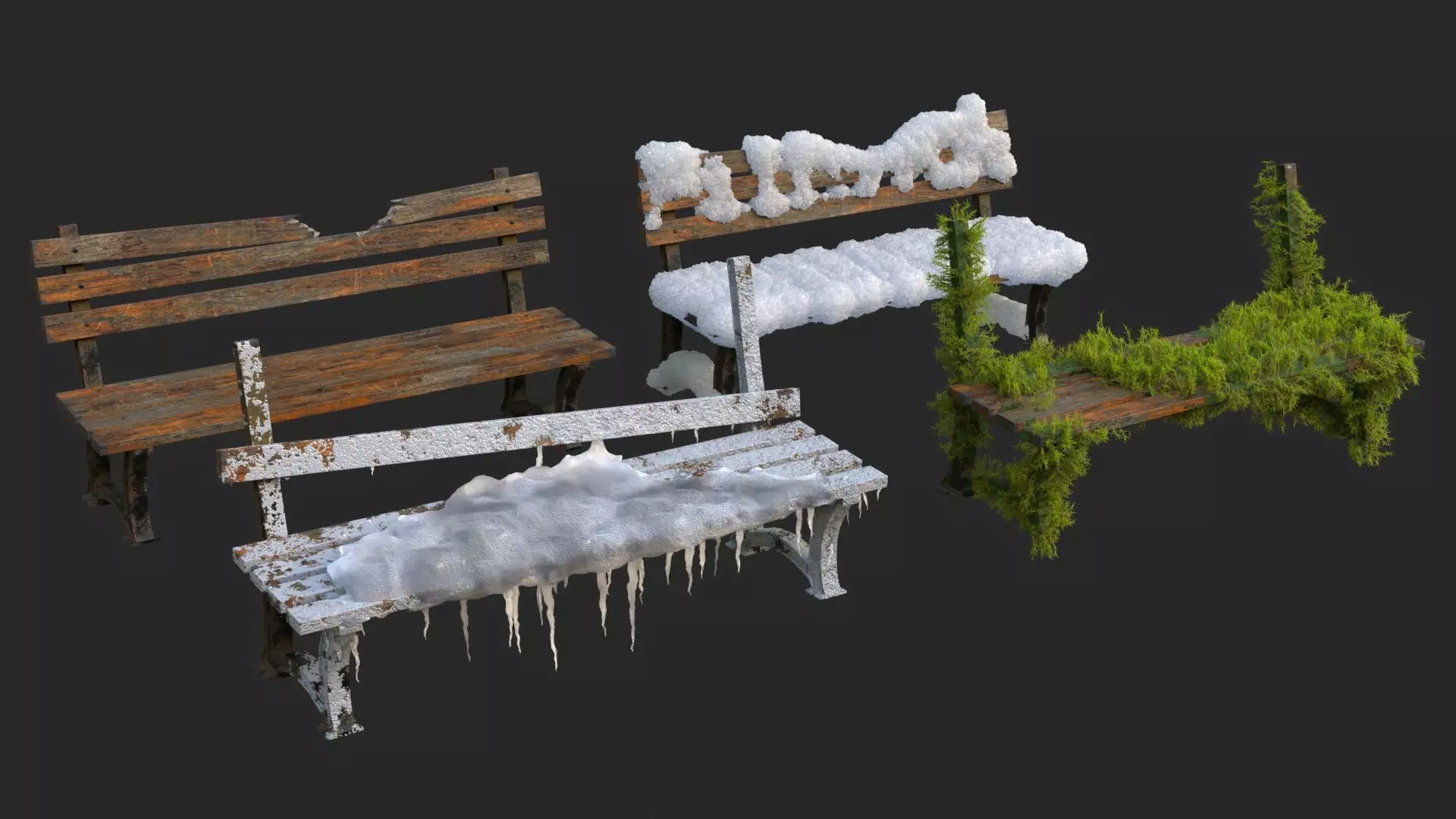 Abandoned Bench Pack Low-poly 3D model_0