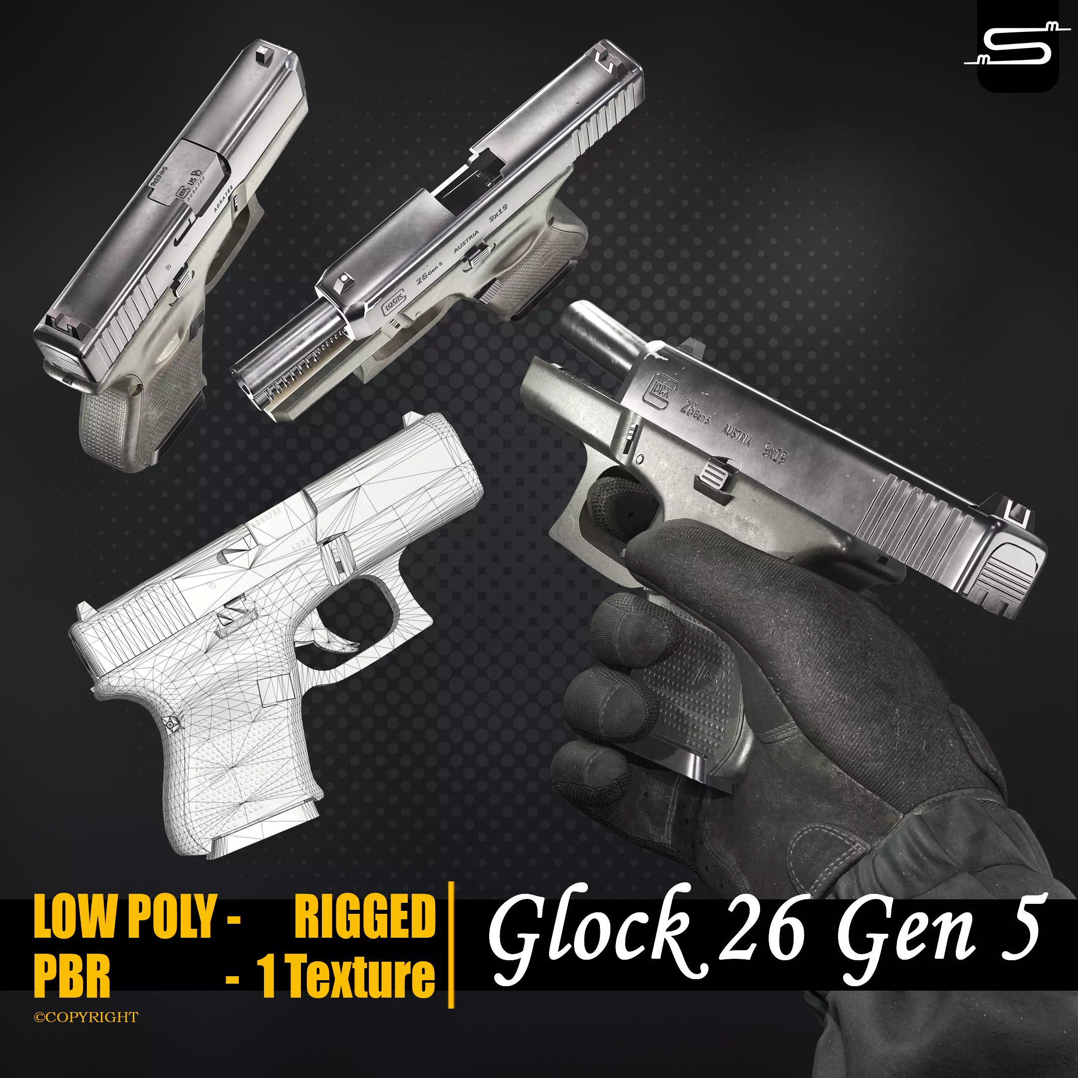 Glock 26 Gen 5 - Rigged Low-poly 3D model_0