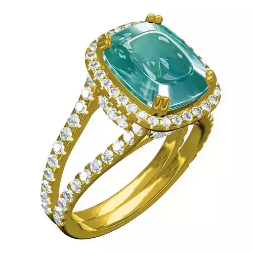 Aquablue Cushion and Round Diamond Halo Split Shank Ring