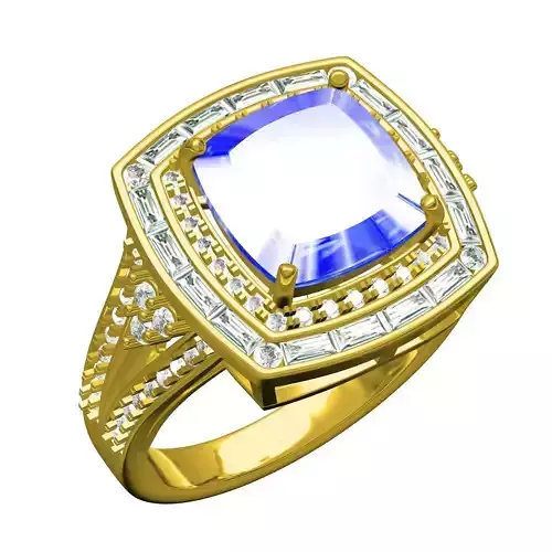 Antique Blue Sapphire Cushion Stone Double Halo Engagement Ring