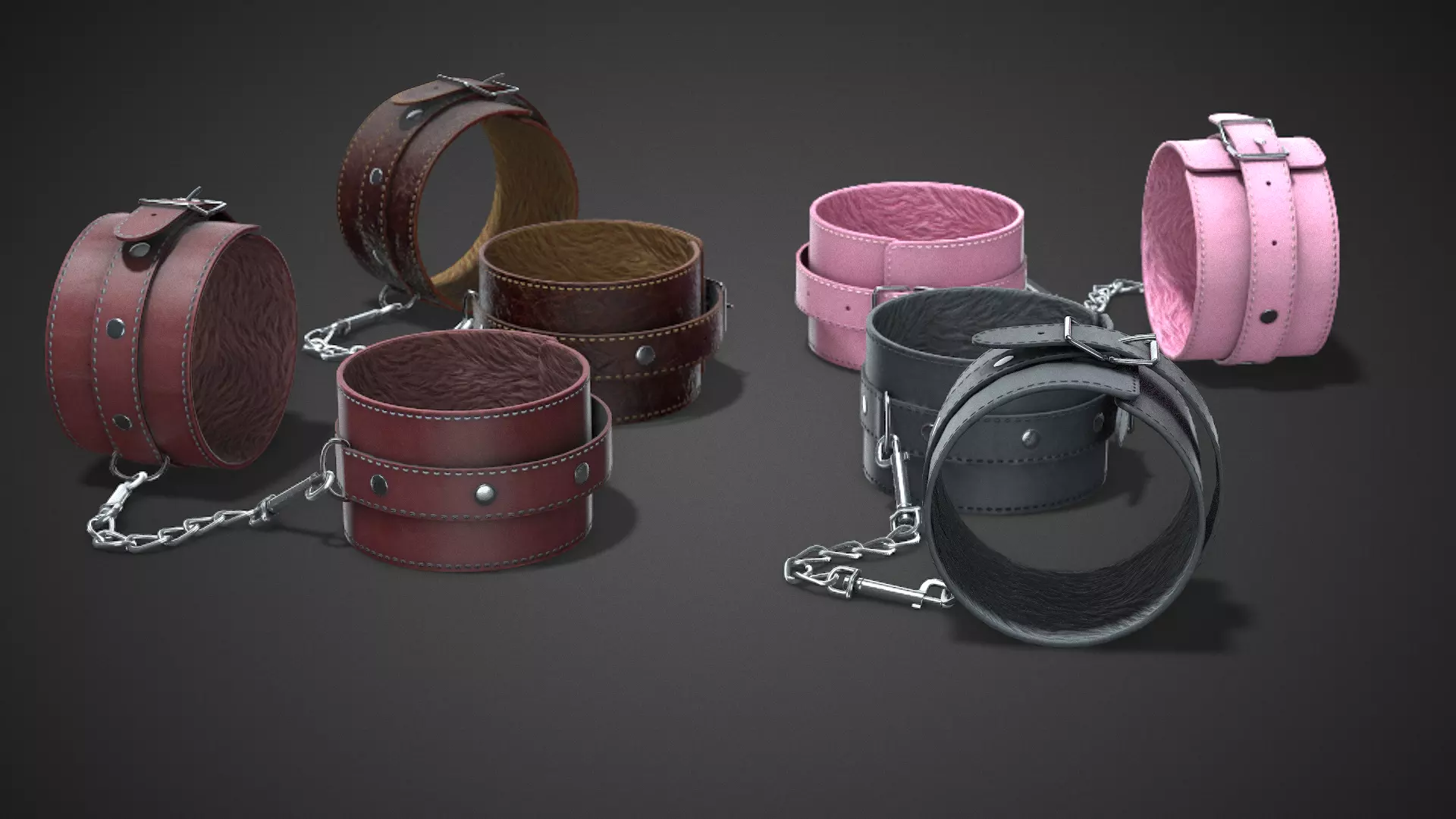 Furry leather hand cuffs - PBR VR Game Ready Low-poly 3D model