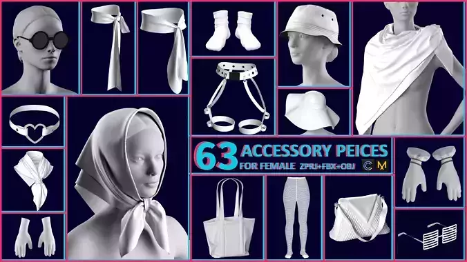 63 ACCESSORY PIECES FOR FEMALE Low-poly 3D model