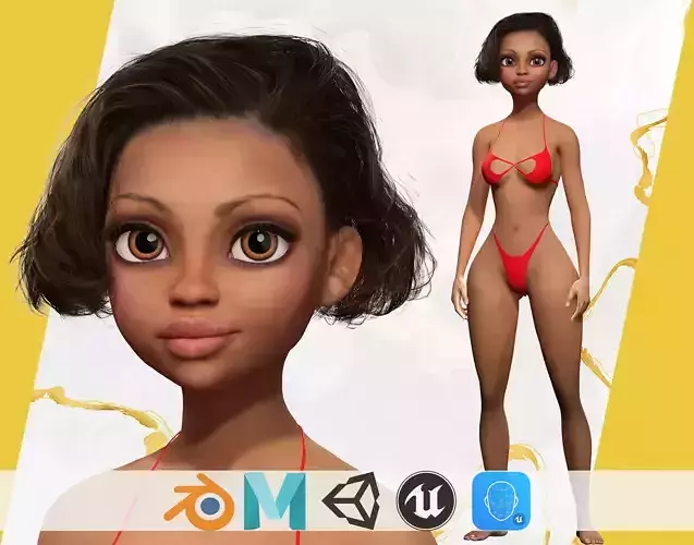 Afro american female character toon  Low-poly 3D model