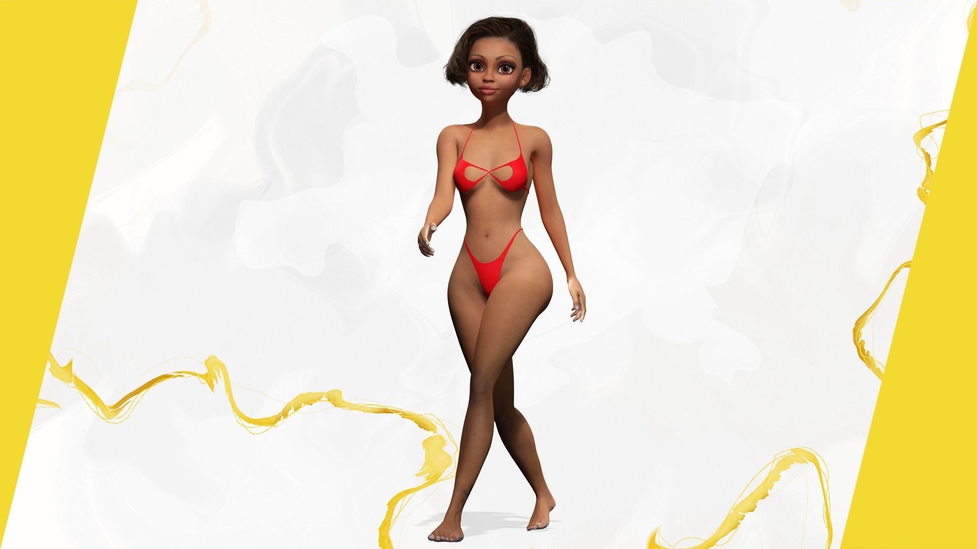 Afro american female character toon Low-poly 3D model_9
