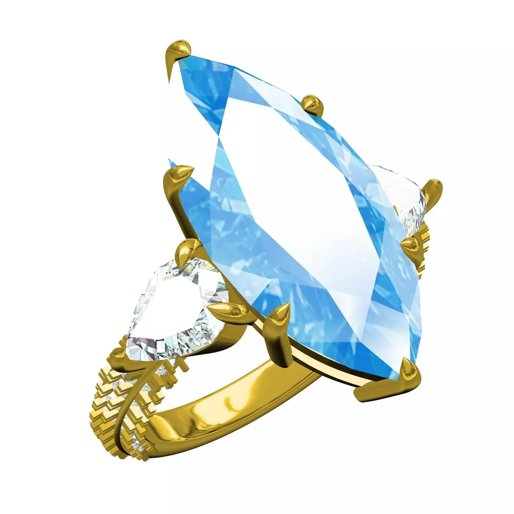 Aquamarine Marquise Stone and Pear Diamond Solitaire Ring 3D print model