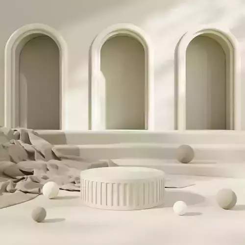 Podium in warm tones with brown fabric