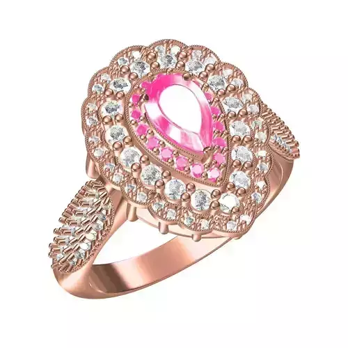 Pink Sapphire Pear Stone Round Diamond Halo Cocktail Ring