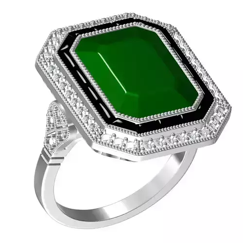 Green Emerald Stone and Black Onyx Art Deco Ring