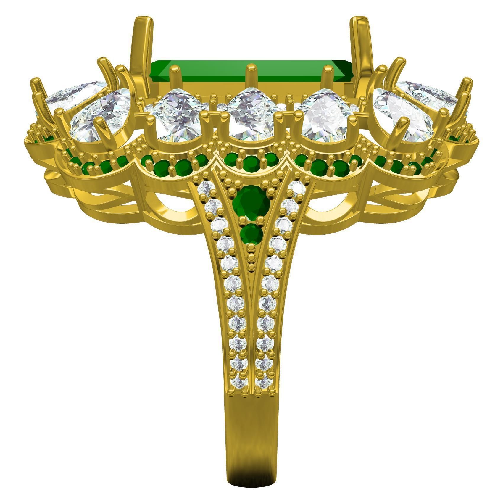 Green Emerald Stone and Pear Diamond Cluster Engagement Ring 3D print model_4