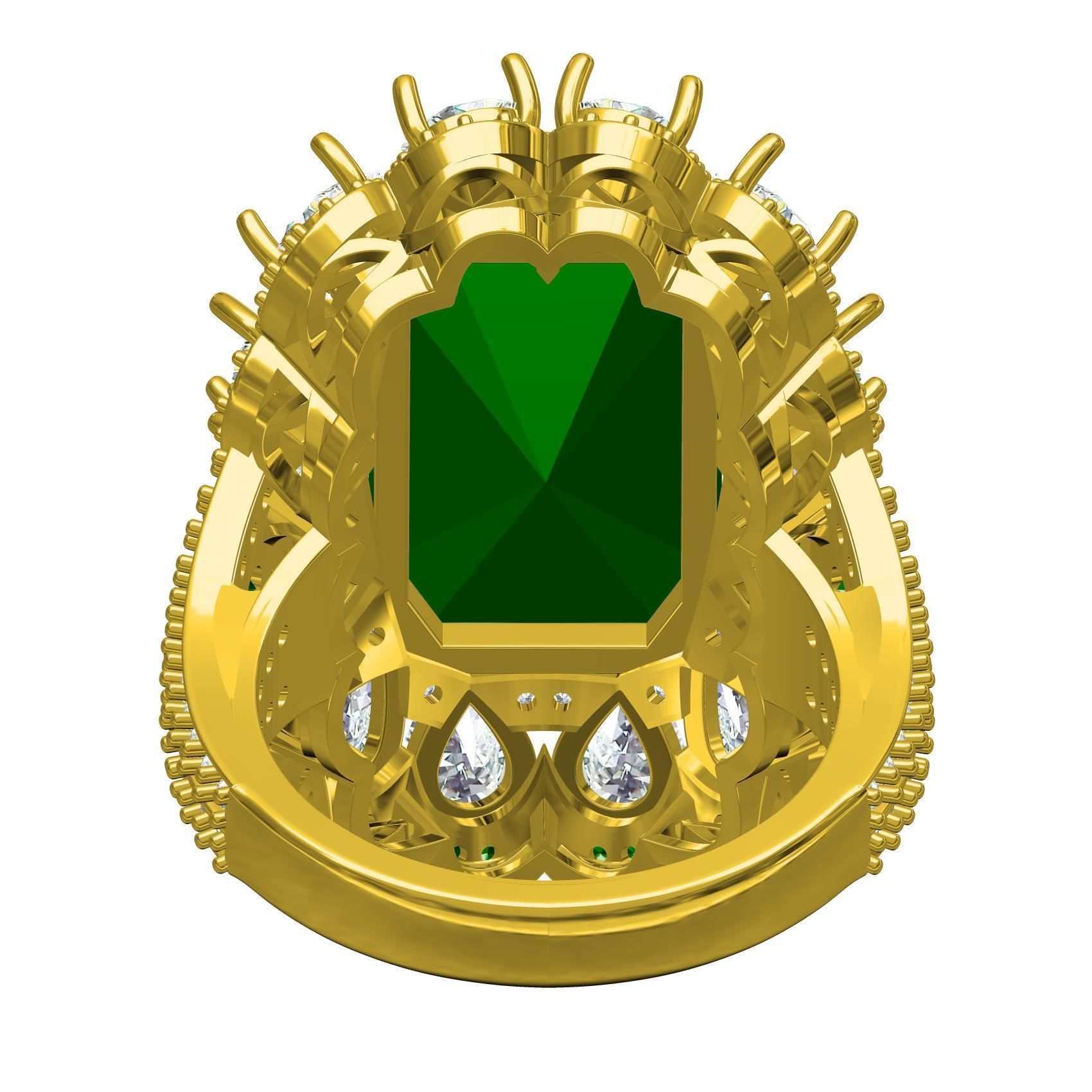 Green Emerald Stone and Pear Diamond Cluster Engagement Ring 3D print model_5