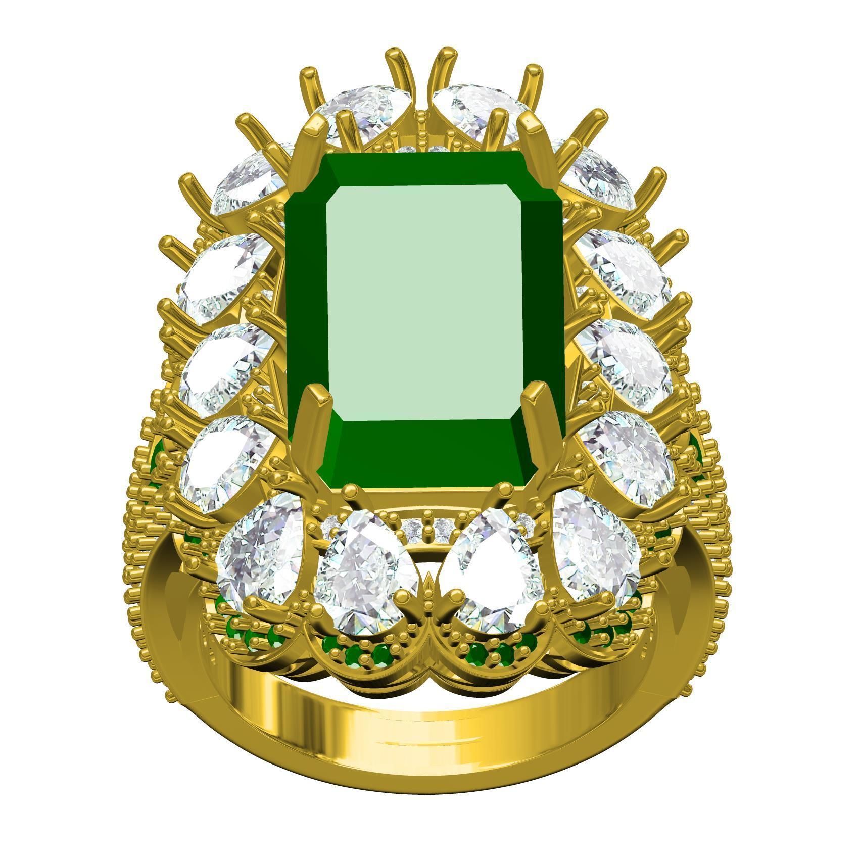 Green Emerald Stone and Pear Diamond Cluster Engagement Ring 3D print model_2