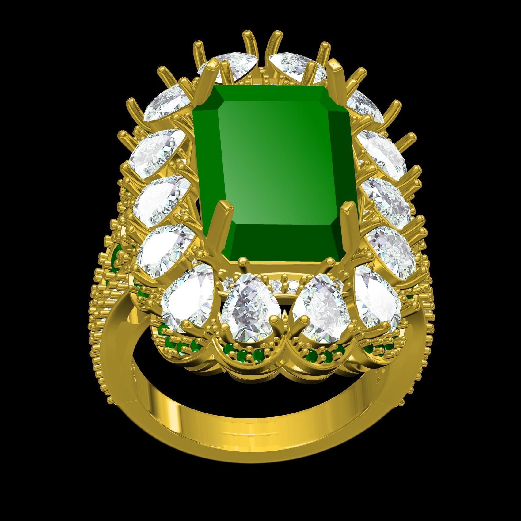 Green Emerald Stone and Pear Diamond Cluster Engagement Ring 3D print model_9