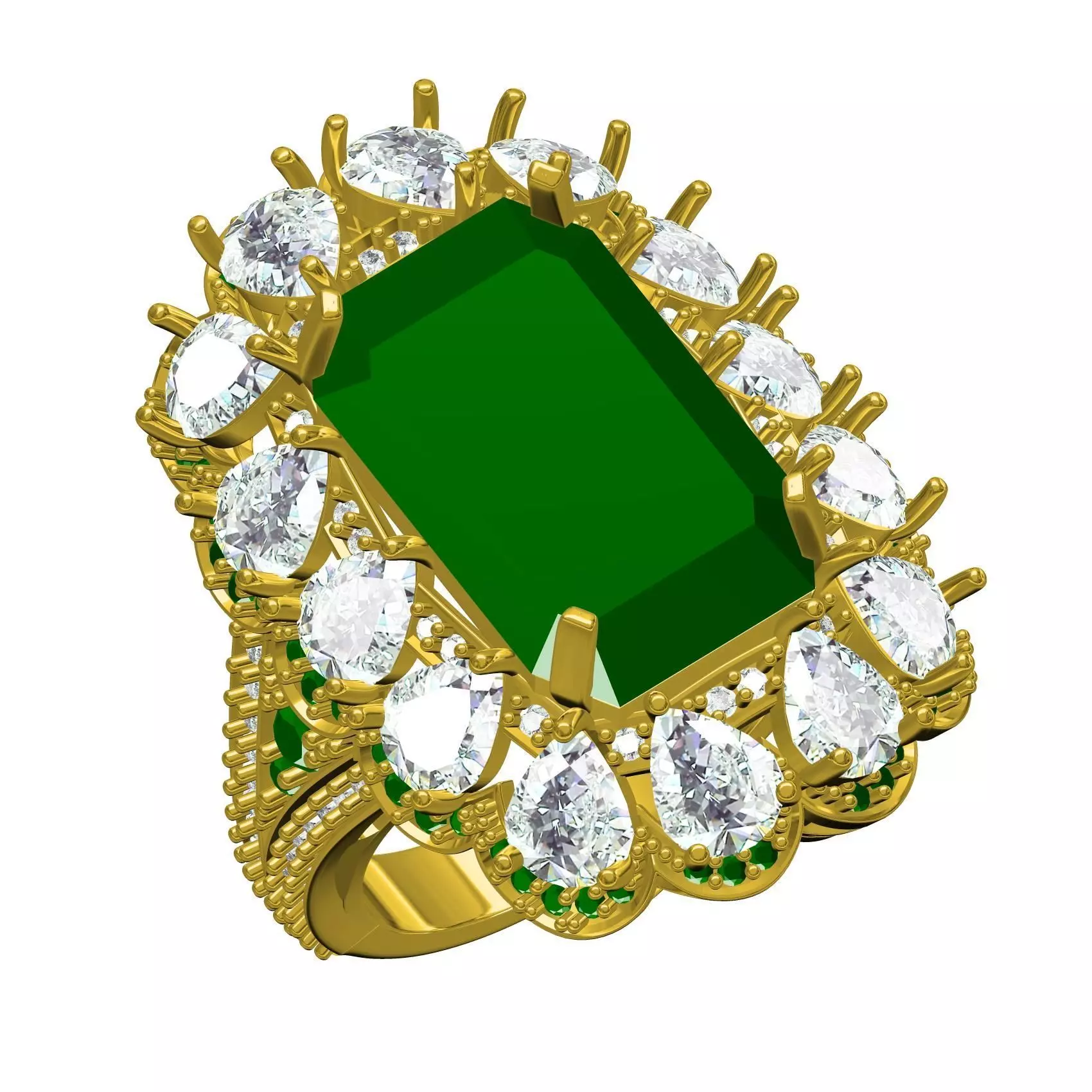 Green Emerald Stone and Pear Diamond Cluster Engagement Ring 3D print model_0