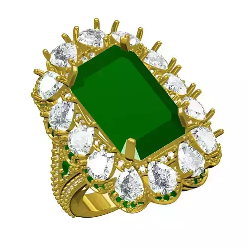 Green Emerald Stone and Pear Diamond Cluster Engagement Ring