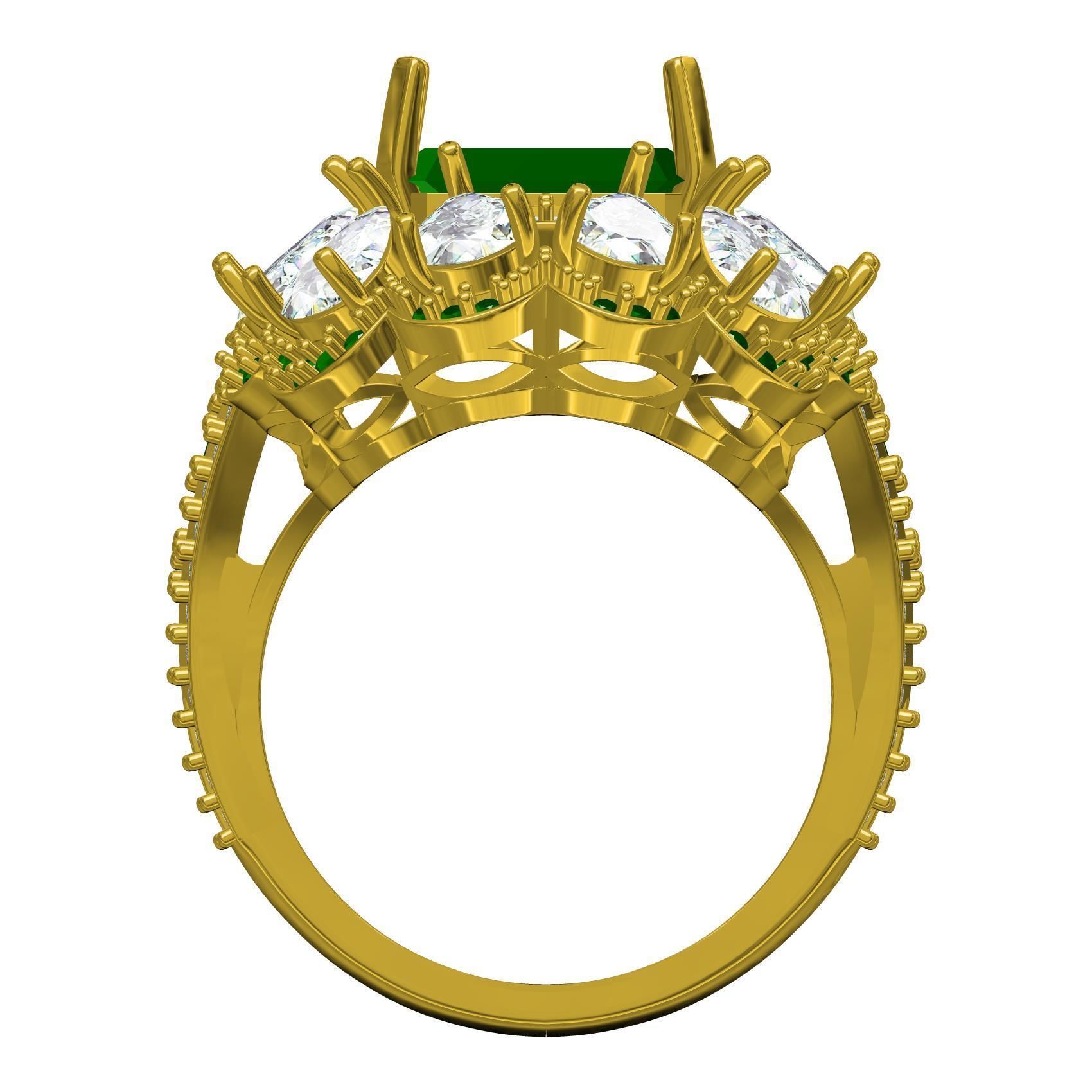 Green Emerald Stone and Pear Diamond Cluster Engagement Ring 3D print model_3