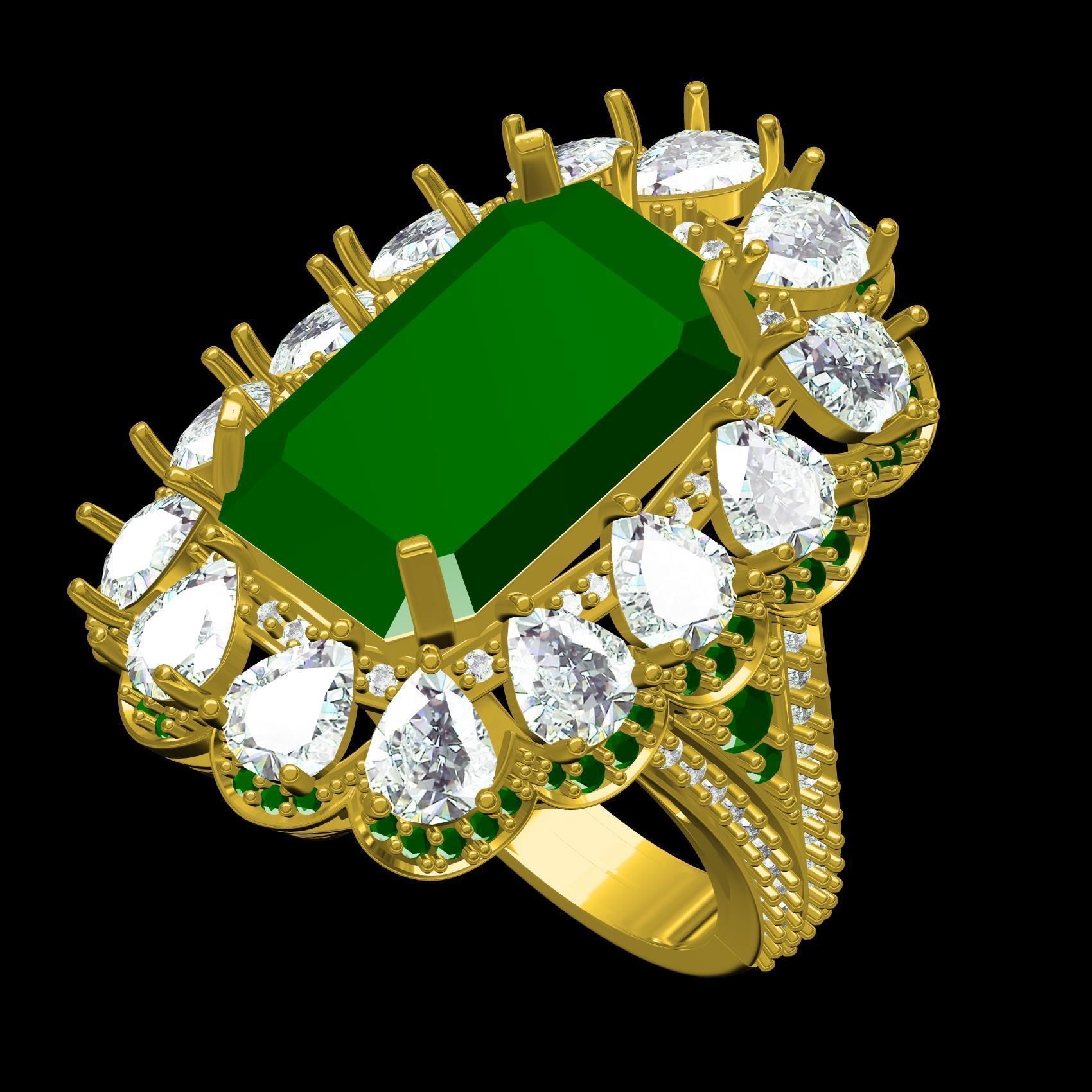 Green Emerald Stone and Pear Diamond Cluster Engagement Ring 3D print model_10