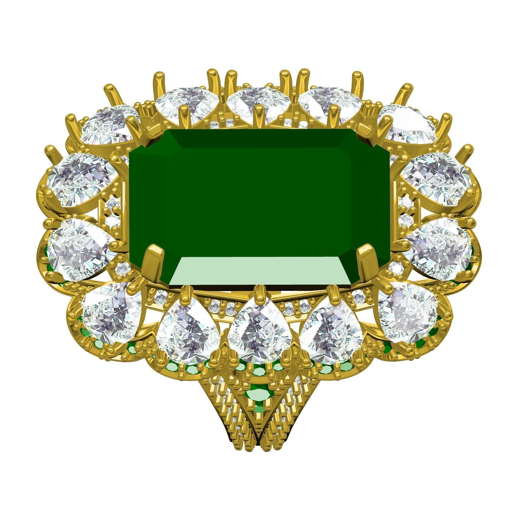 Green Emerald Stone and Pear Diamond Cluster Engagement Ring 3D print model_8