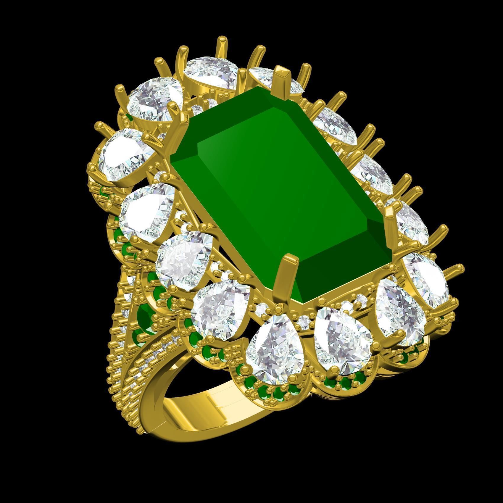 Green Emerald Stone and Pear Diamond Cluster Engagement Ring 3D print model_11