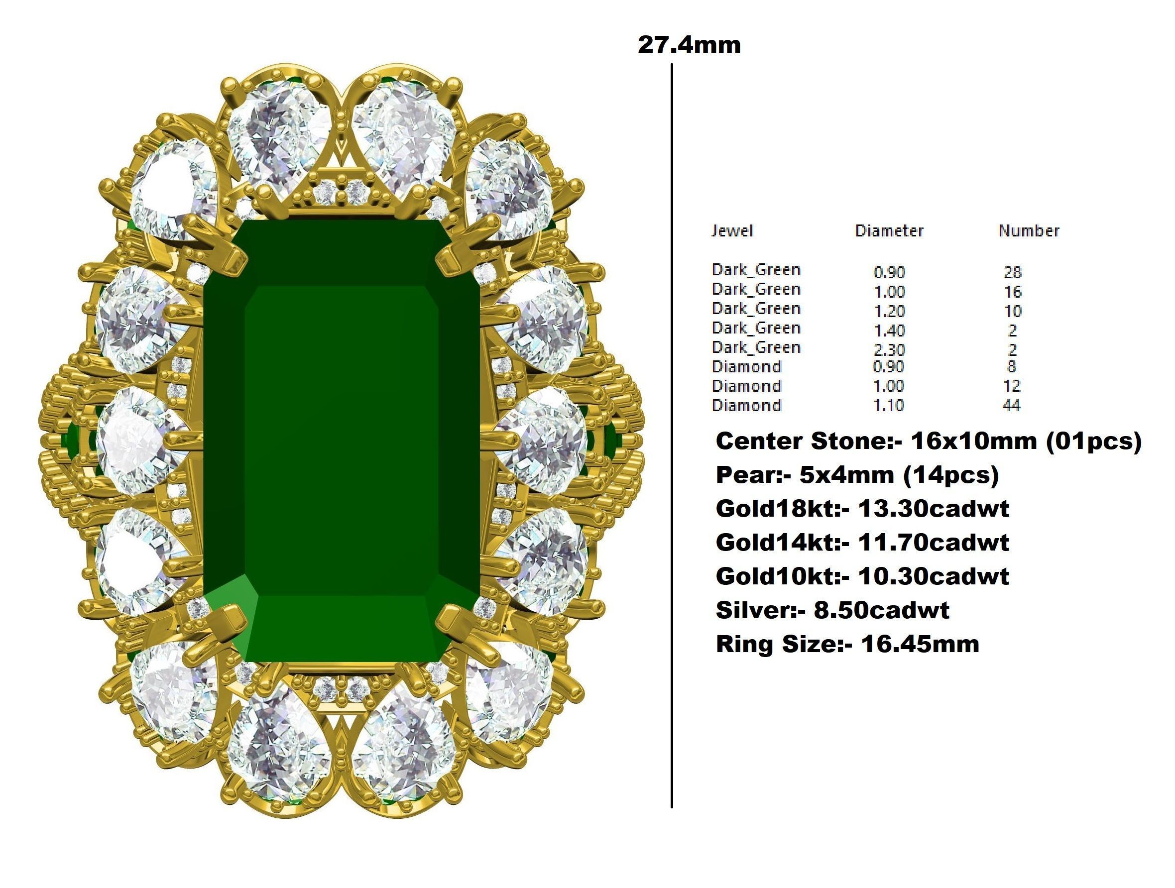 Green Emerald Stone and Pear Diamond Cluster Engagement Ring 3D print model_12