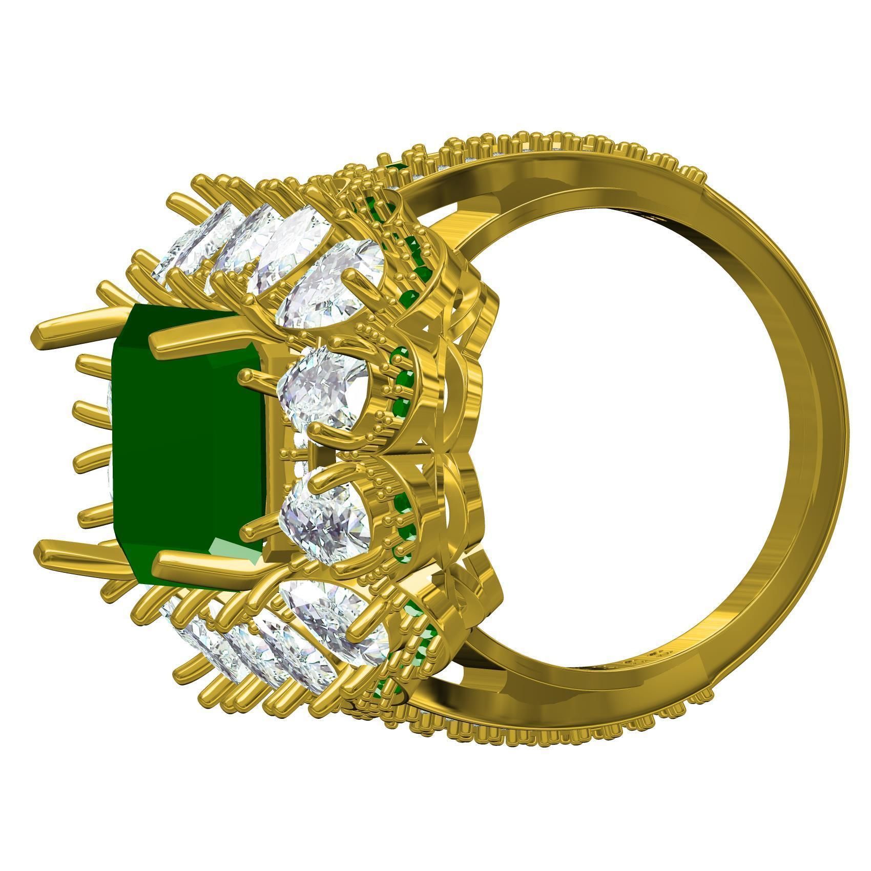 Green Emerald Stone and Pear Diamond Cluster Engagement Ring 3D print model_6