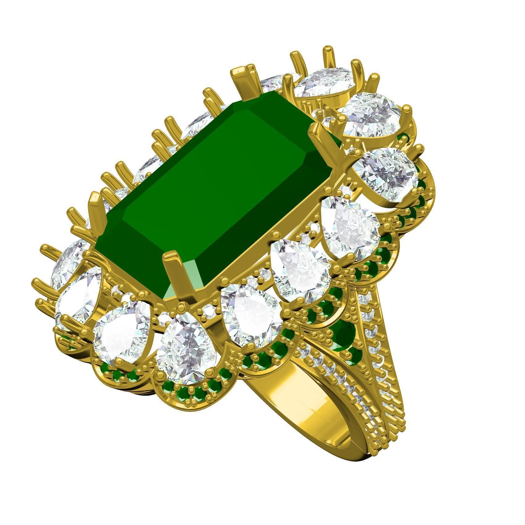 Green Emerald Stone and Pear Diamond Cluster Engagement Ring 3D print model_1