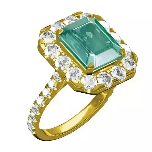 Emerald Diamond Round Halo Micro Prong Set Cathedral Ring