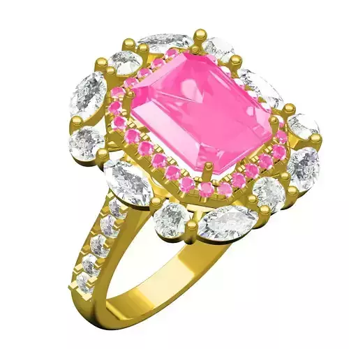 Pink Emerald Stone Round and Marquise Diamond Halo Ring