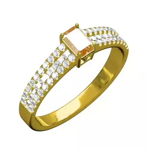 Emerald Stone Three Row Diamond Shank Solitaire Ring