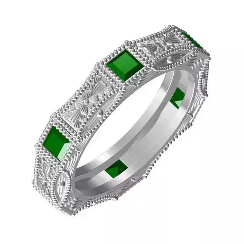 Antique Green Princess Diamond Engraving Wedding Band