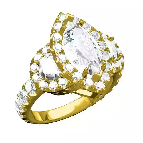 Unique Marquise Three Stone Halo Diamond Engagement Ring