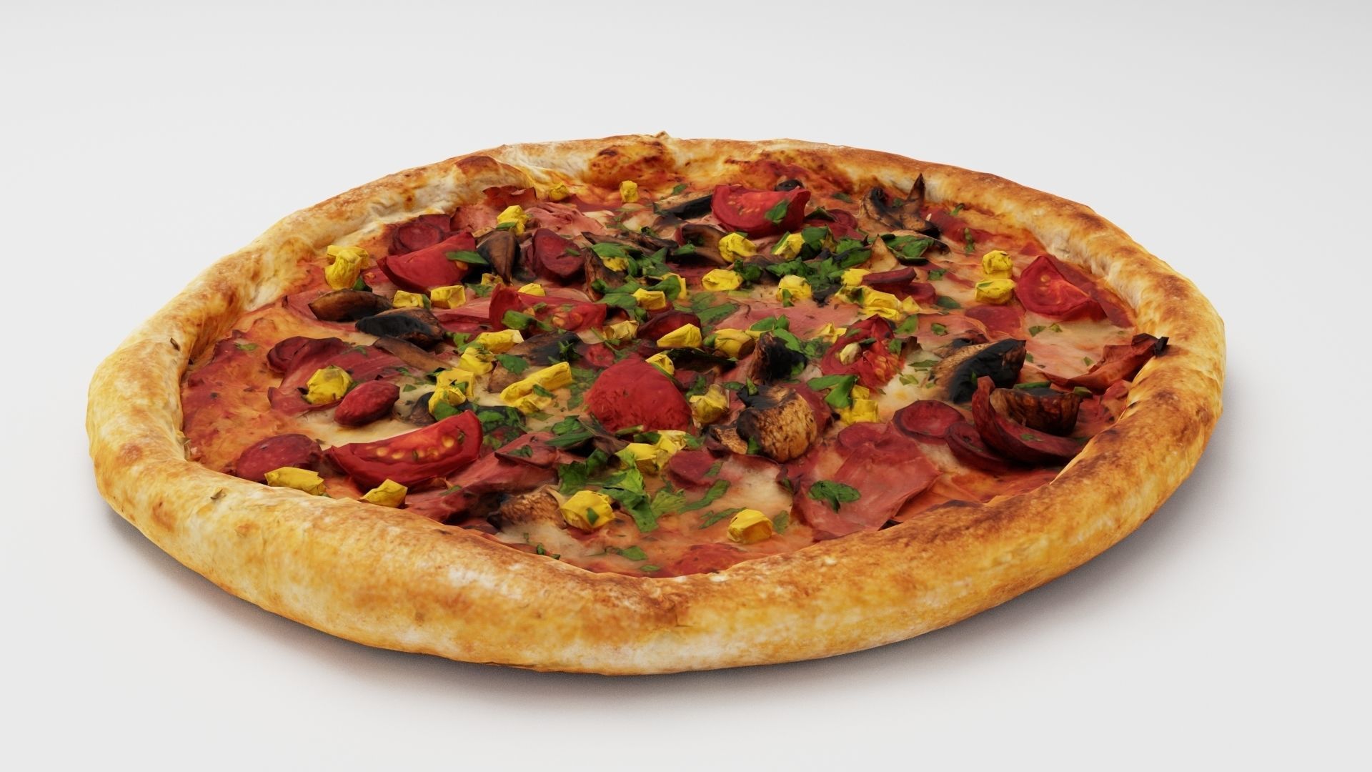 Pizza with salamy corn tomatoes mushrooms and sausage  3D model_1