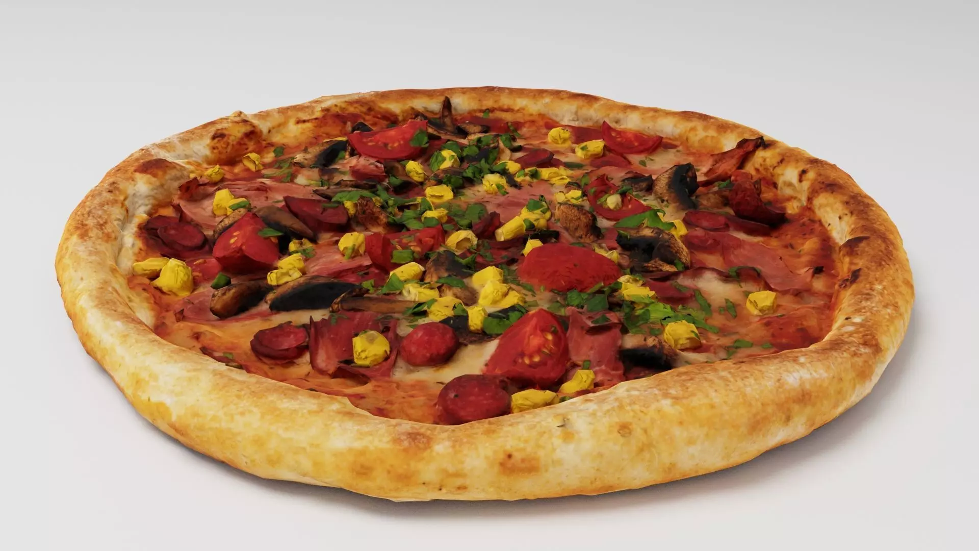 Pizza with salamy corn tomatoes mushrooms and sausage  3D model_0