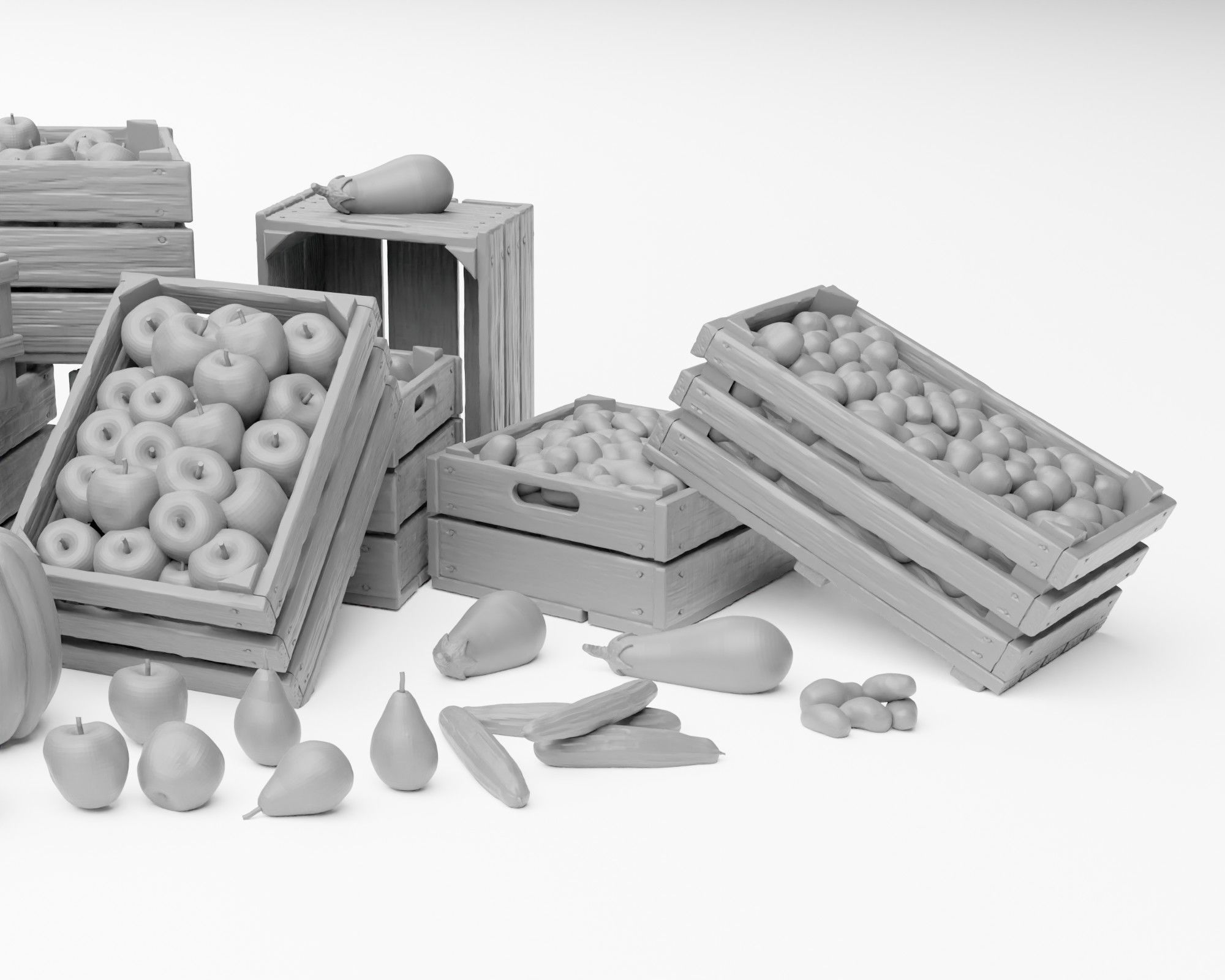 Farm Produce Pack - Fruits Vegetables Crates and Baskets 1-35 3D print model_1