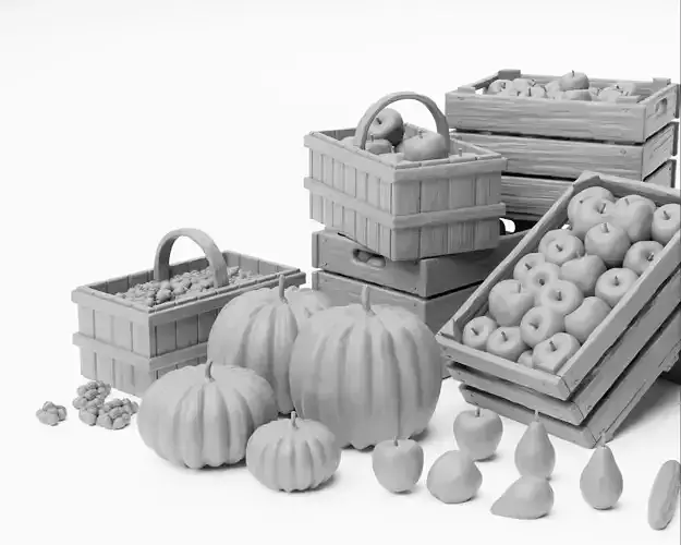Farm Produce Pack - Fruits Vegetables Crates and Baskets 1-35 3D print model