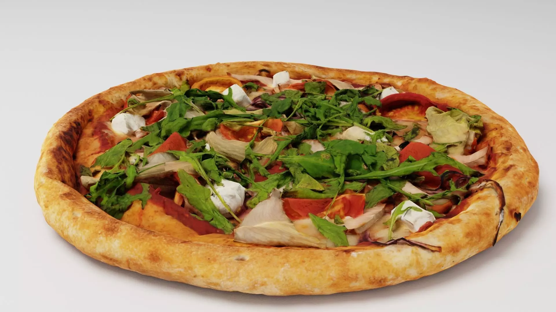 Pizza with arugula meat and mozarella cheese 3D model_0