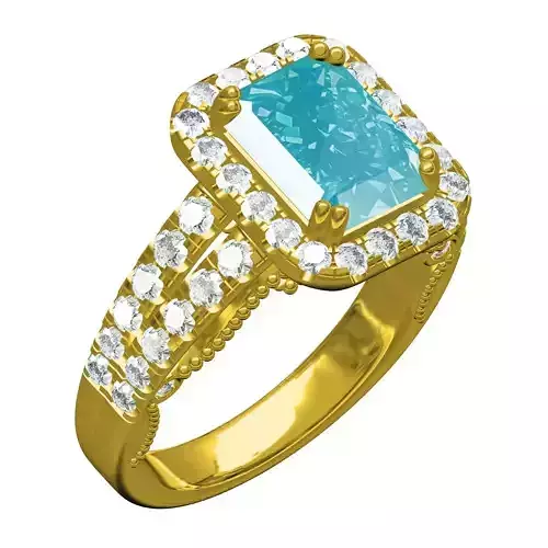 Emerald Stone Round Diamond Halo Art Deco Engagement Ring