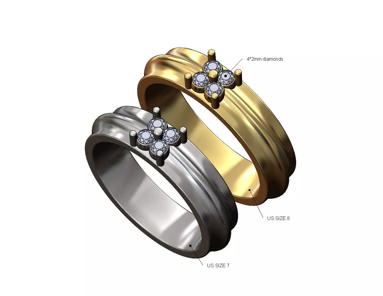 Rounded lip square cluster diamond ring US sizes 7 8 3D print model
