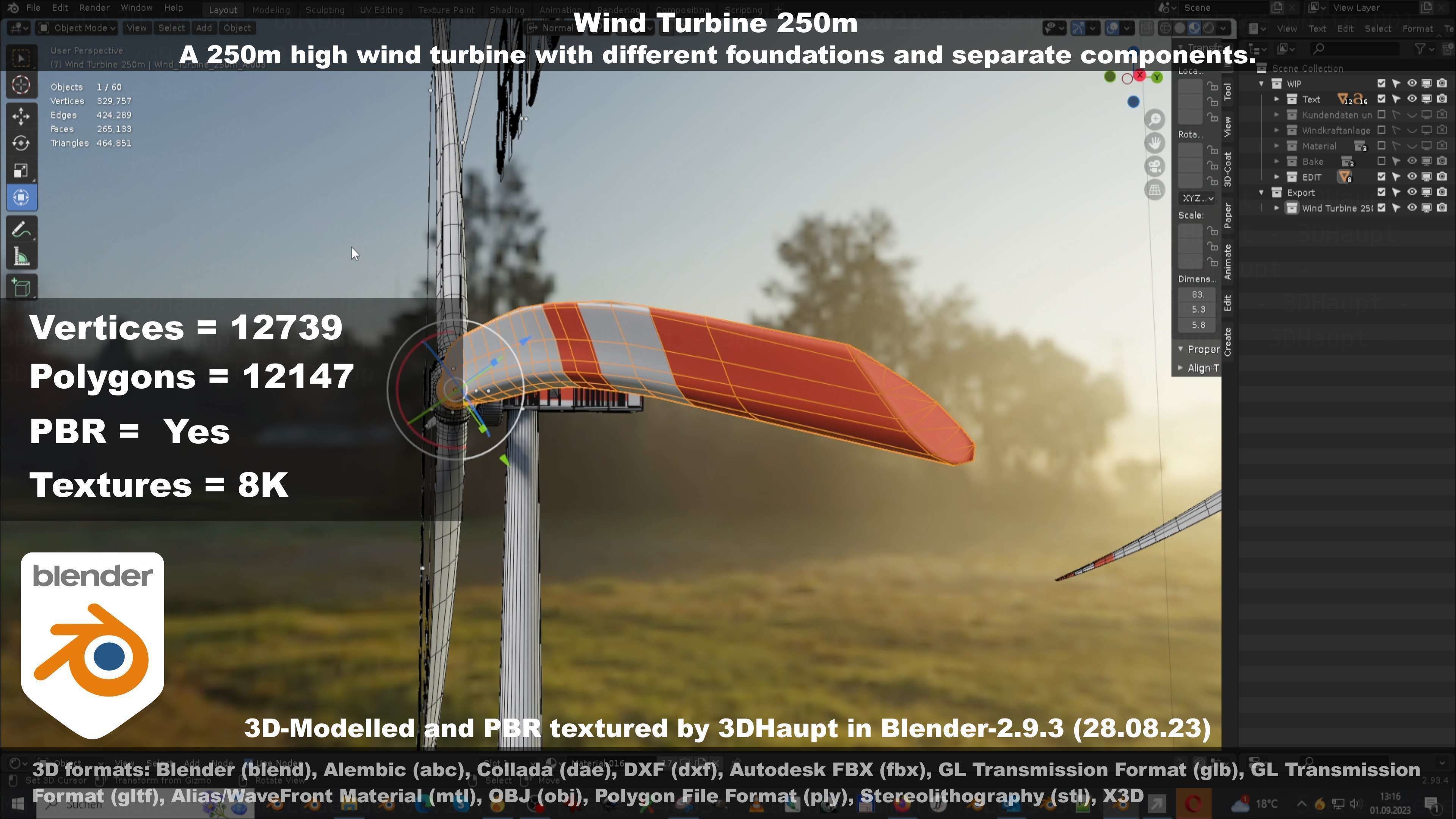 Low-Poly and Animated Wind Turbine 250m Low-poly 3D model_63
